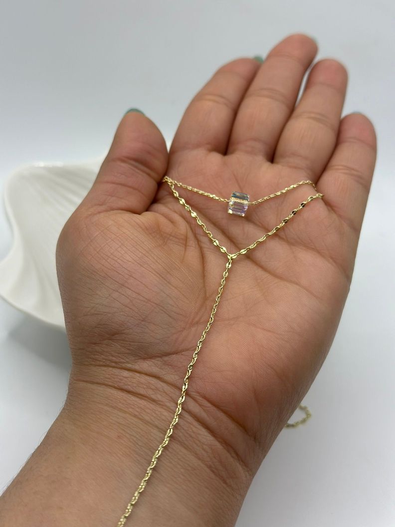 Collar Doble Corbata Cubo Cristal Tornasol Plata Baño Oro-2