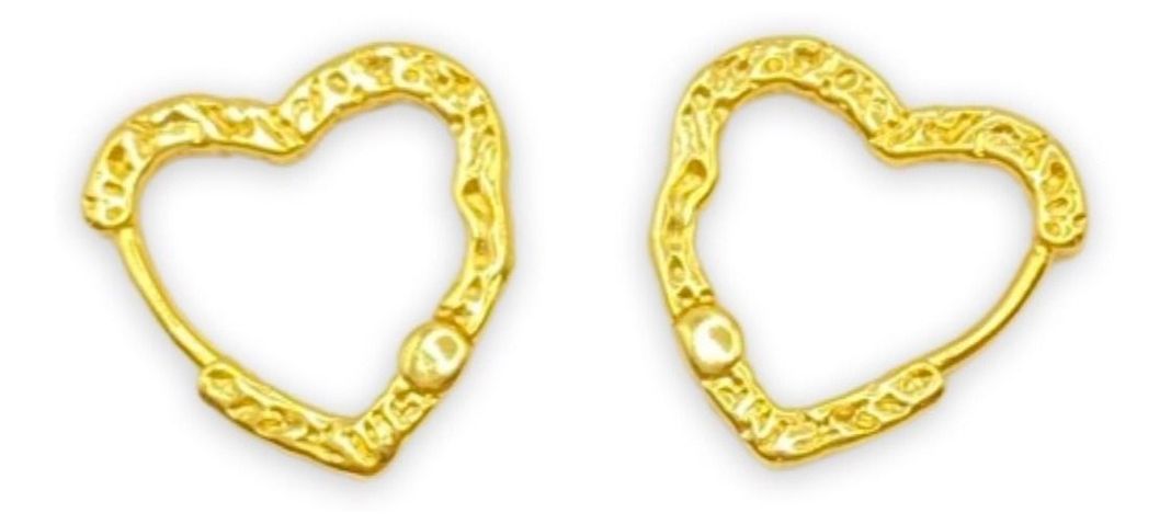 Aros Argolla Corazon Martillado Plata S925 Baño Oro-0