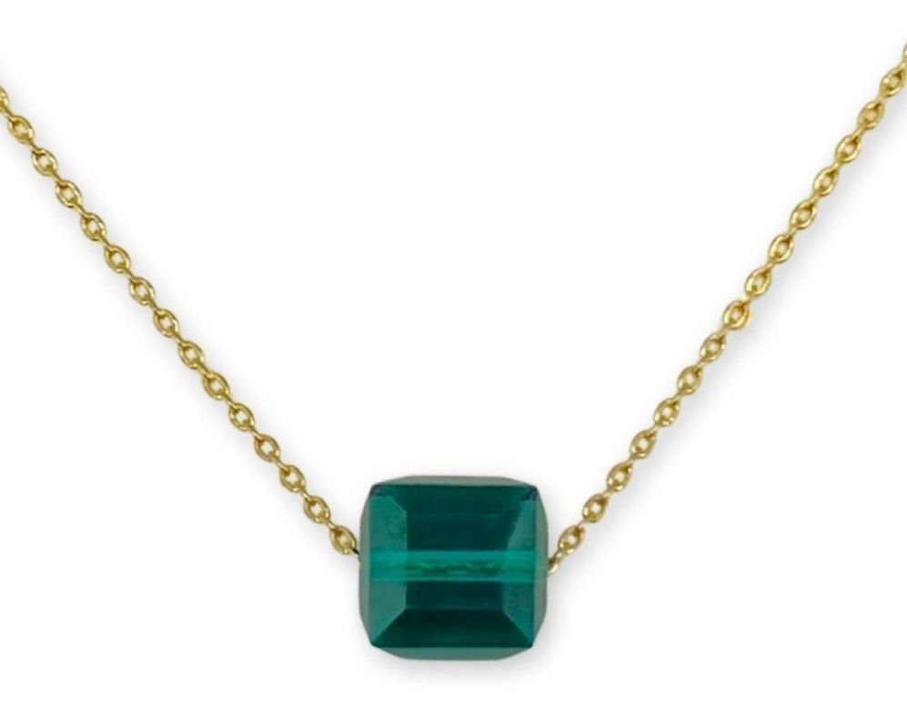 Collar Punto De Luz Cubo Cristal Verde Baño Oro-0