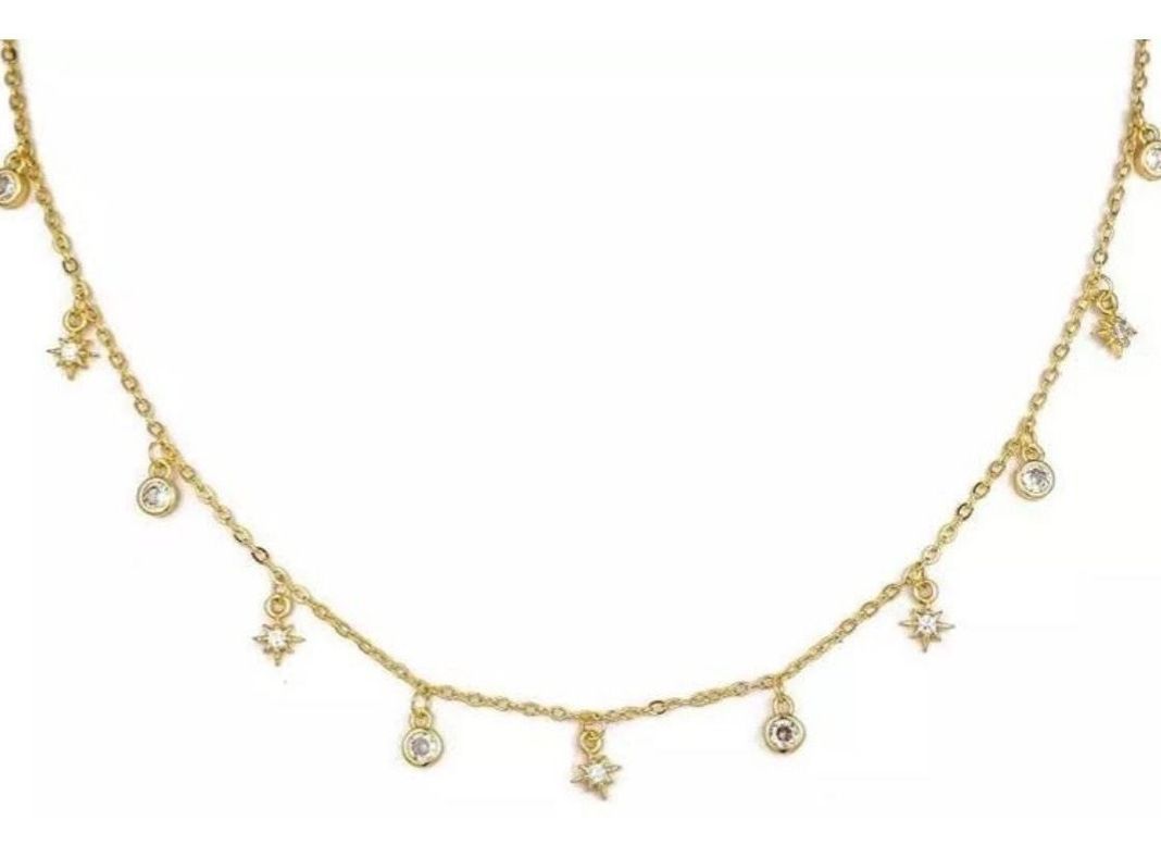 Collar Estrellas Punto De Luz Colgante Plata S925 Baño Oro-0