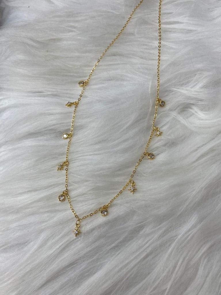 Collar Estrellas Punto De Luz Colgante Plata S925 Baño Oro-1