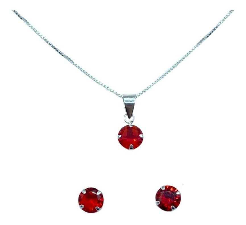 Conjunto Collar Aros Colgante Punto De Luz Rojo Plata 925-0