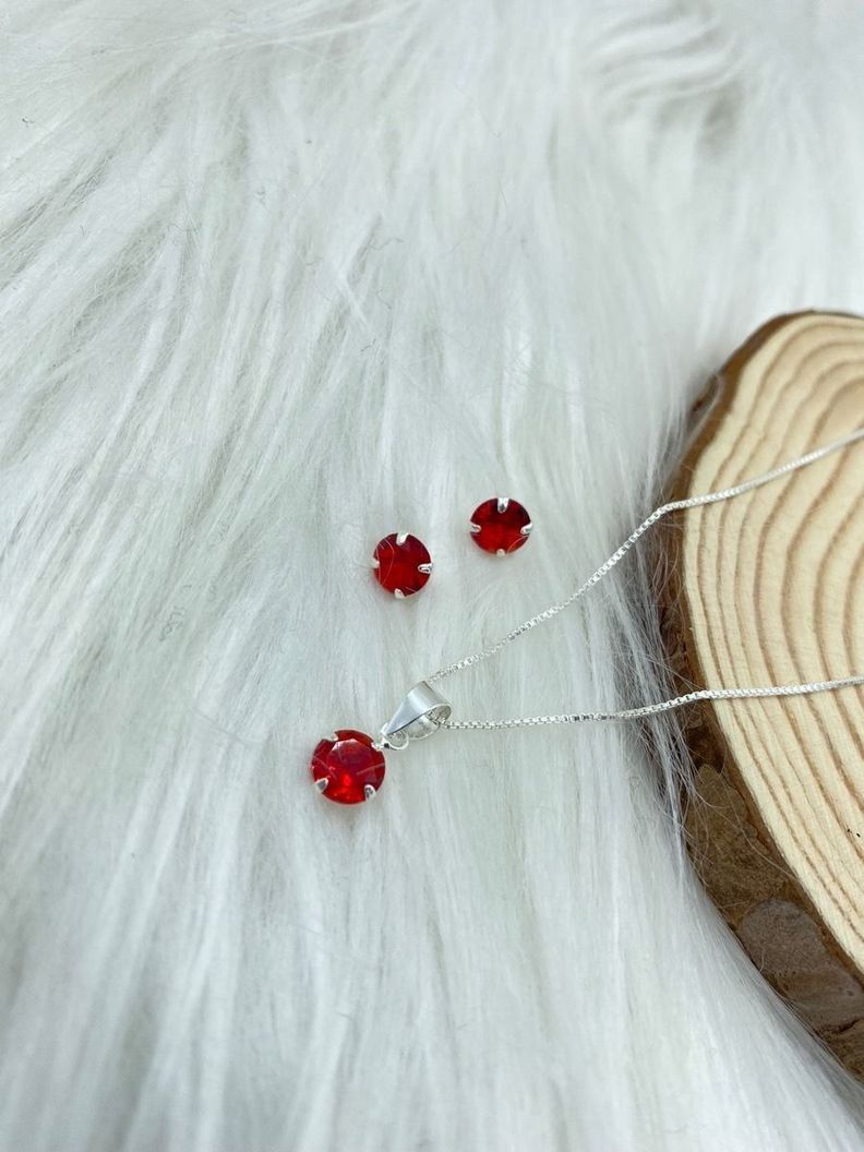 Conjunto Collar Aros Colgante Punto De Luz Rojo Plata 925-1