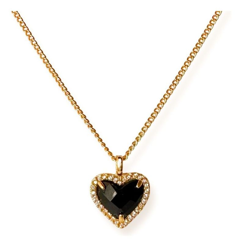 Collar Dama Corazón Onix Circones Plata S925 Baño Oro -0
