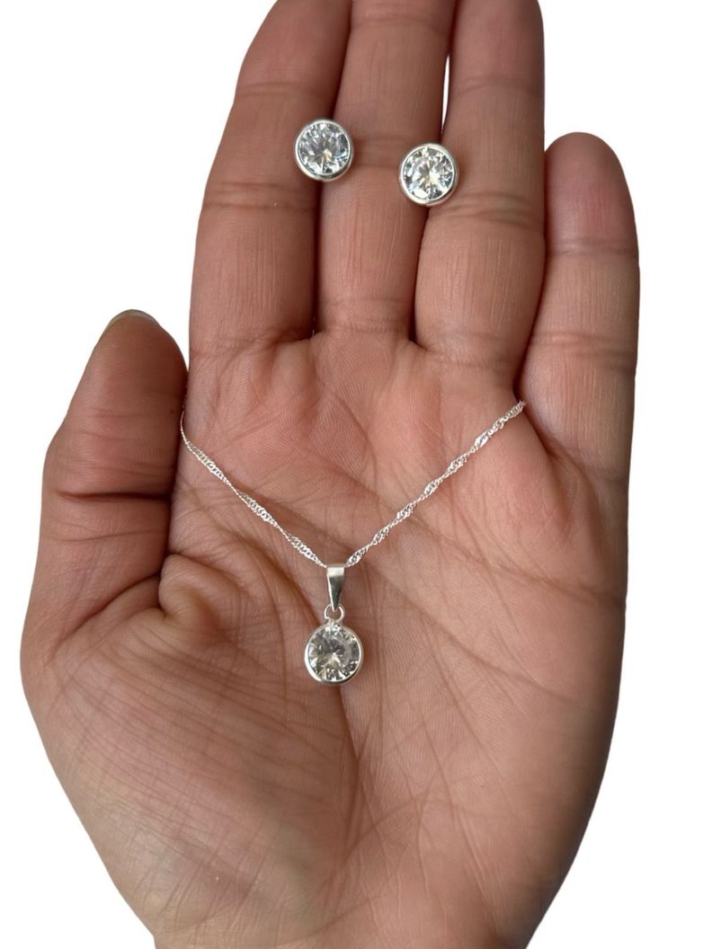 Conjunto Collar Colgante Aros Punto De Luz Plata Ley 925-1