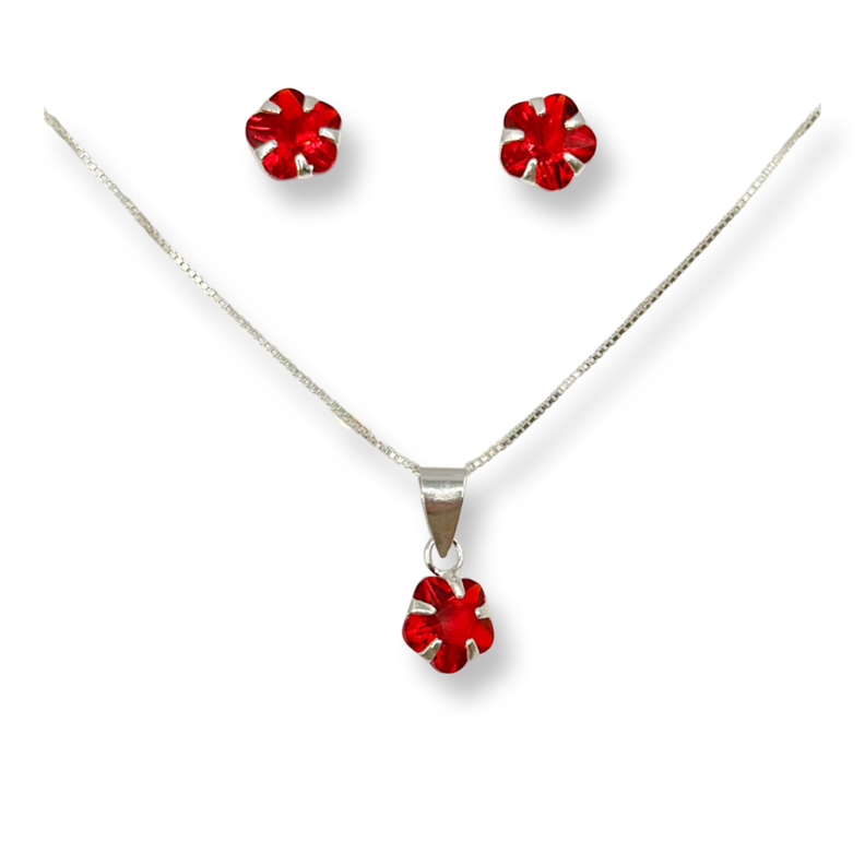 Conjunto collar aros flor circon rojo plata fina