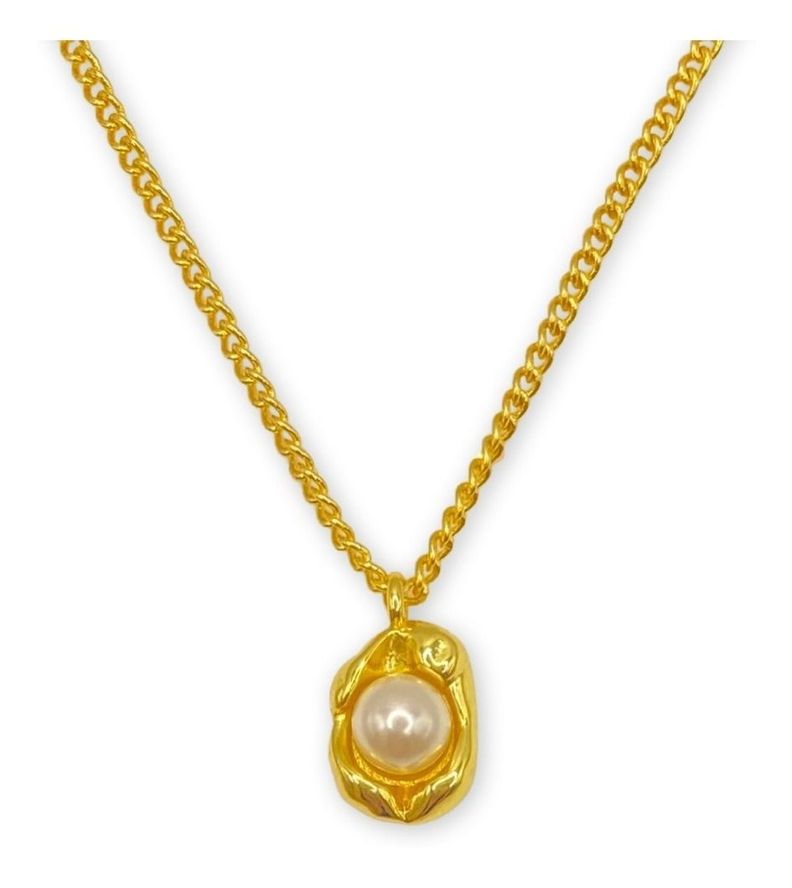 Collar Dije Perla Cadena Grumet Plata Baño Oro-0