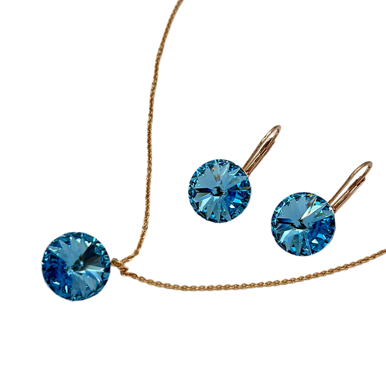 Conjunto Aros Colgantes Collar Cristal Celeste Baño Oro-0
