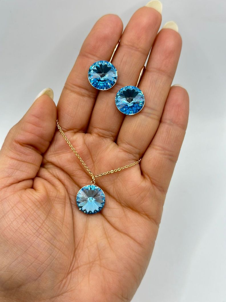 Conjunto Aros Colgantes Collar Cristal Celeste Baño Oro-1