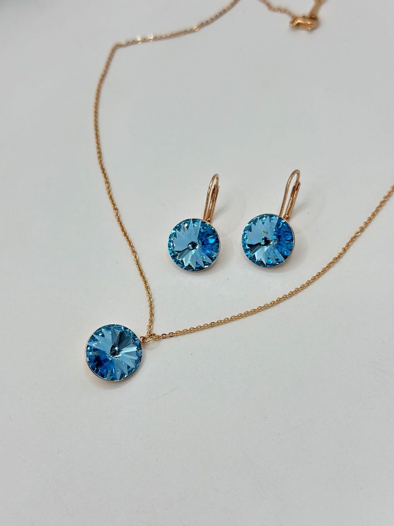 Conjunto Aros Colgantes Collar Cristal Celeste Baño Oro-2
