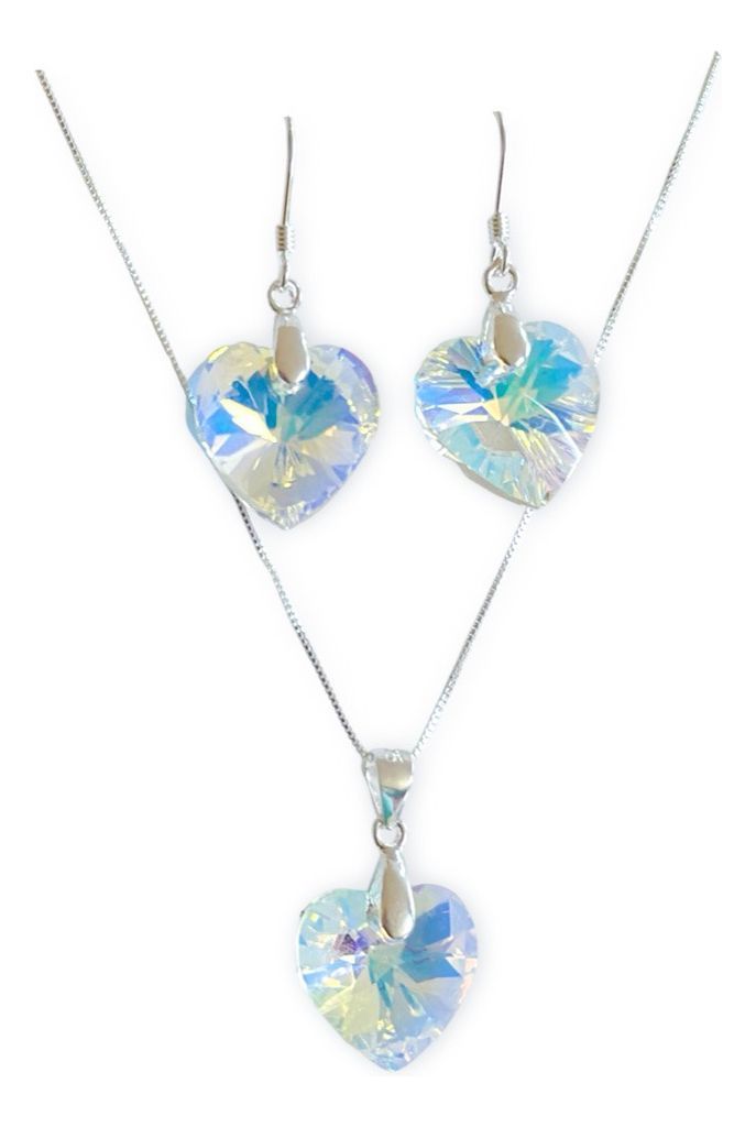 Conjunto Aros Cadena Corazón Cristal Tornasol Plata 925 -0