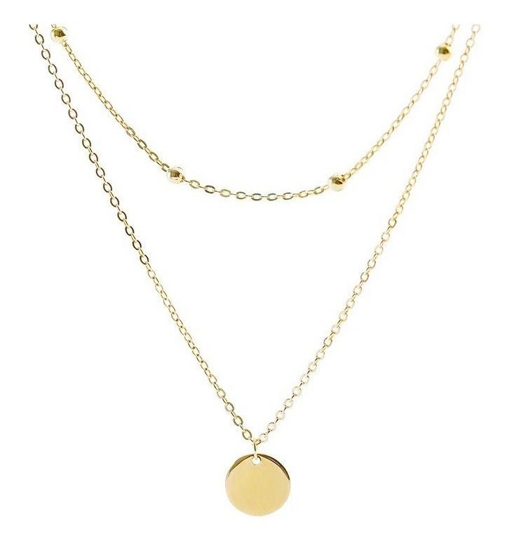 Collar Cadena Doble Pelotitas Bolitas Plata Baño Oro-0