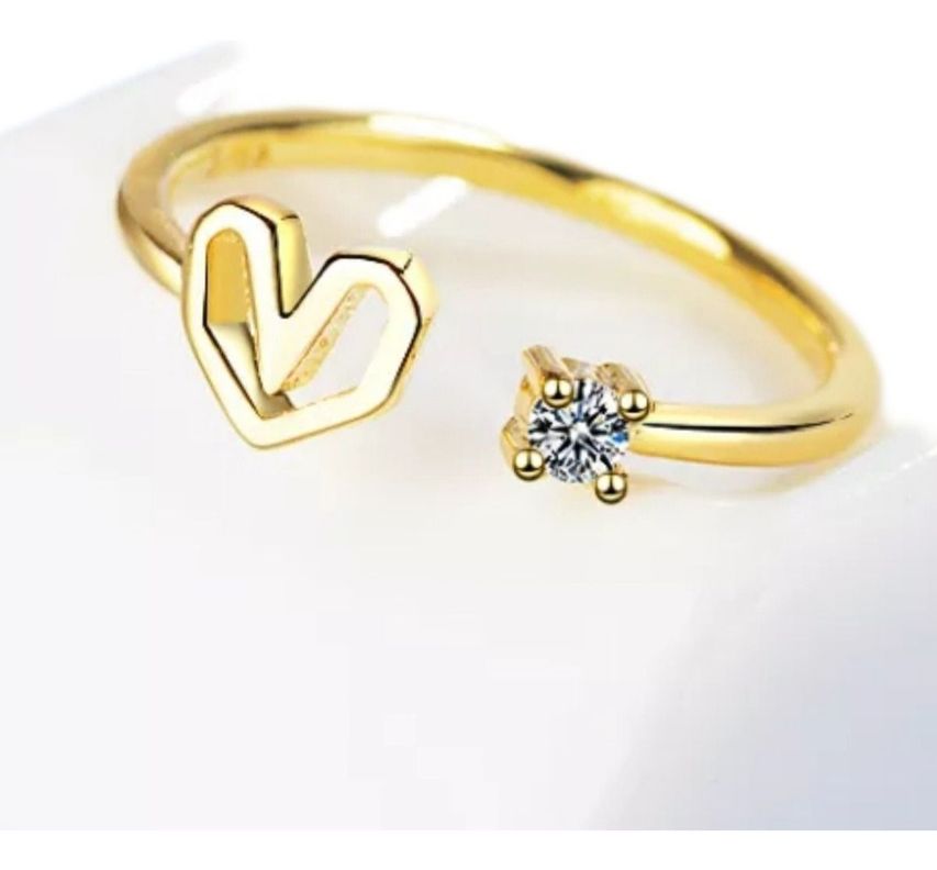 Anillo Ajustable Corazon Plata Baño Oro-0