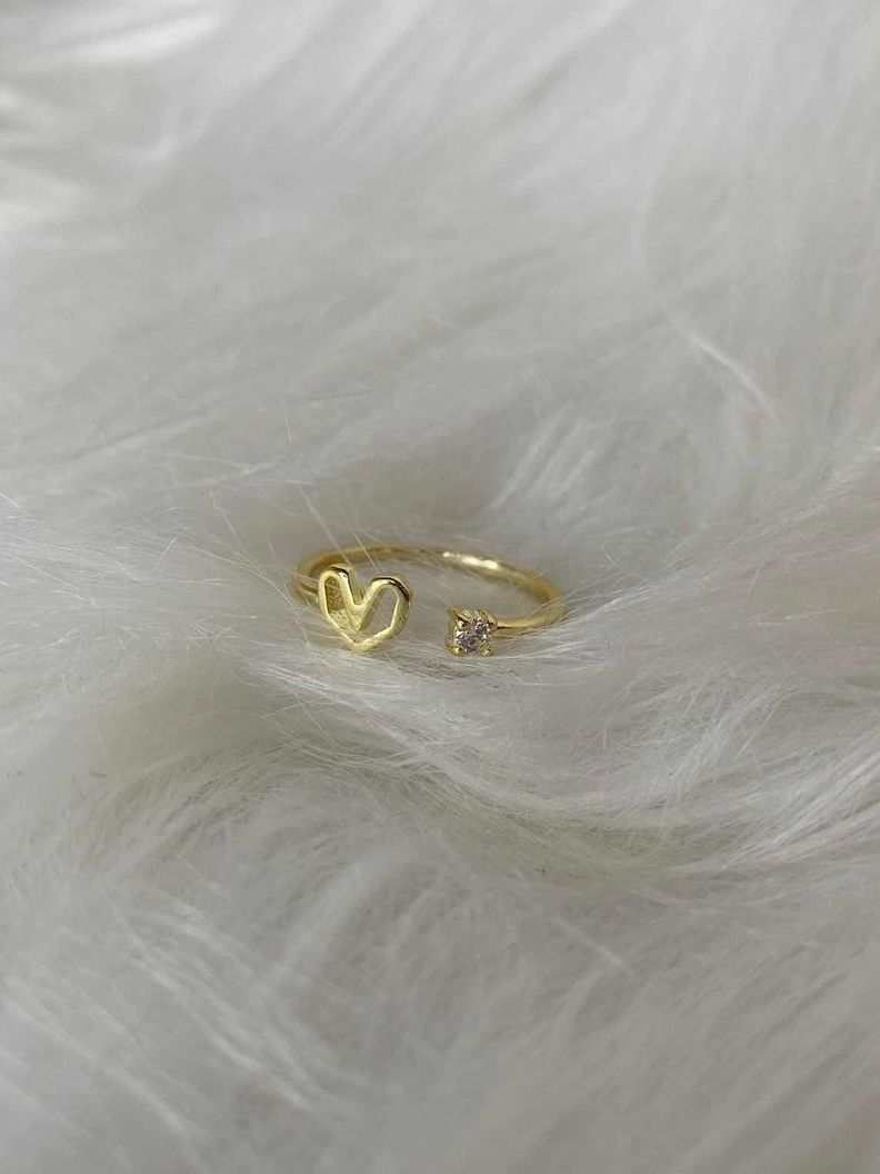 Anillo Ajustable Corazon Plata Baño Oro-1