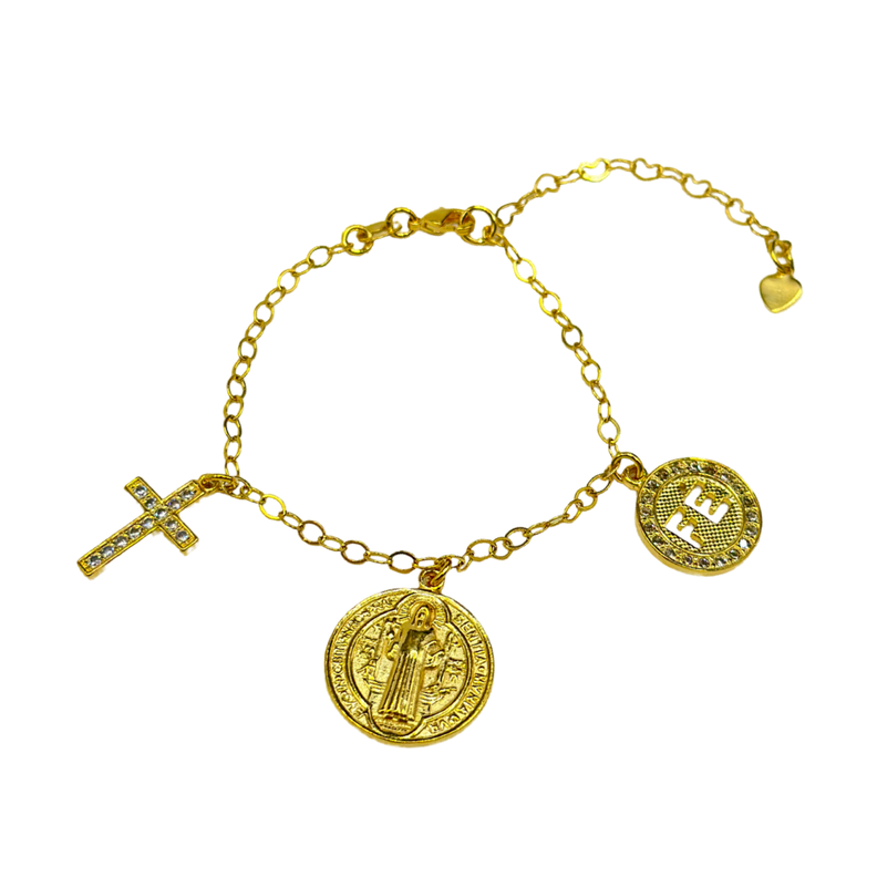 Pulsera San Benito Cruz Circon Fe Enchapada Oro-0