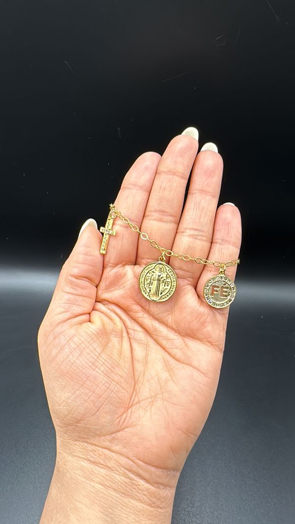 Pulsera San Benito Cruz Circon Fe Enchapada Oro-1