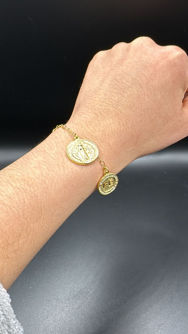 Pulsera San Benito Cruz Circon Fe Enchapada Oro-2