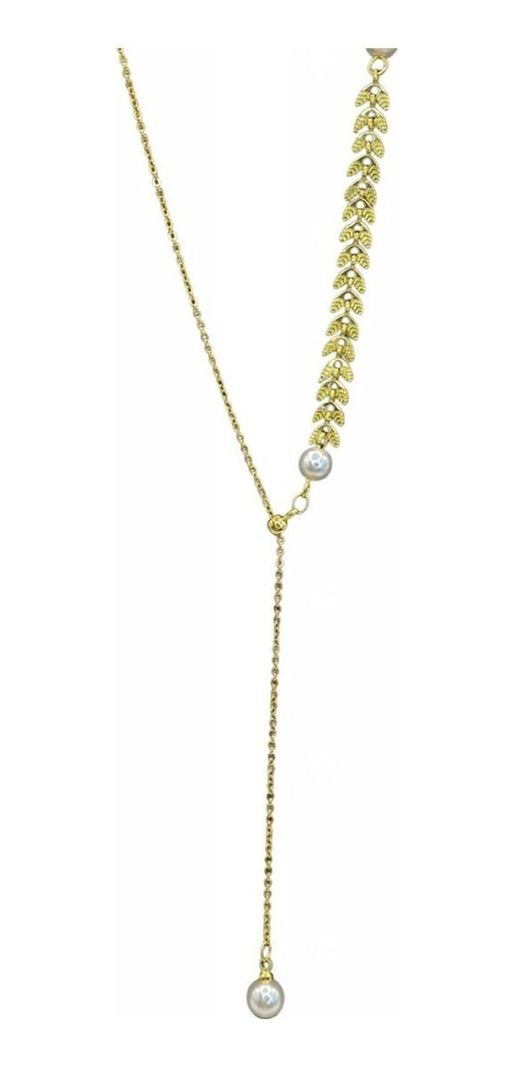 Collar Perlas Hojitas Juvenil Plata S925 Baño Oro -0