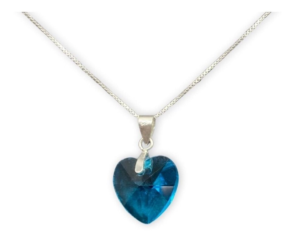 Collar Dije Corazon Cristal Azul Plata -0