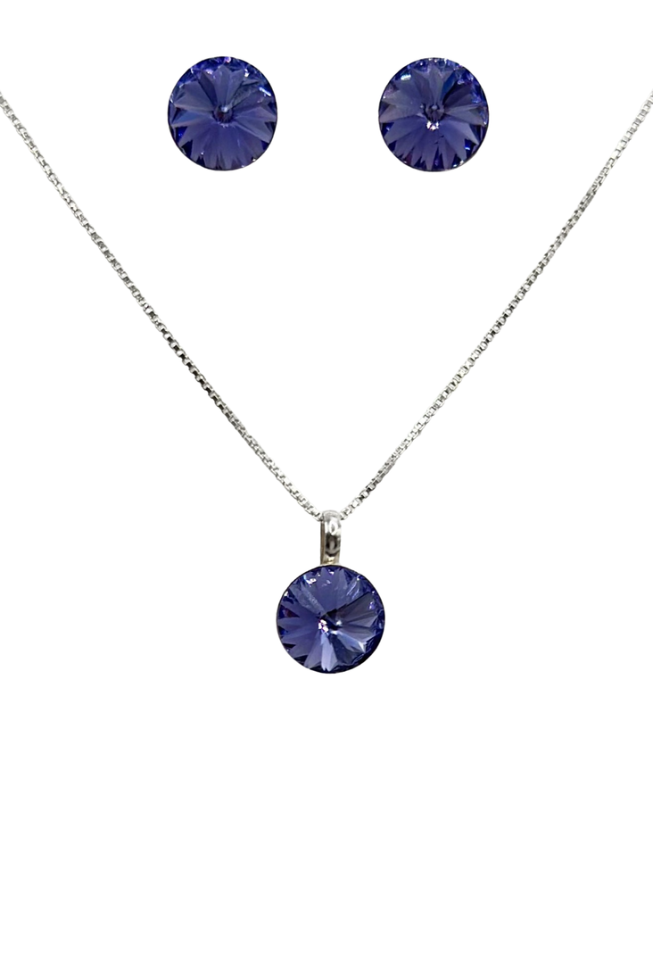Conjunto Collar Aros Punto Luz Cristal Morado Plata-0