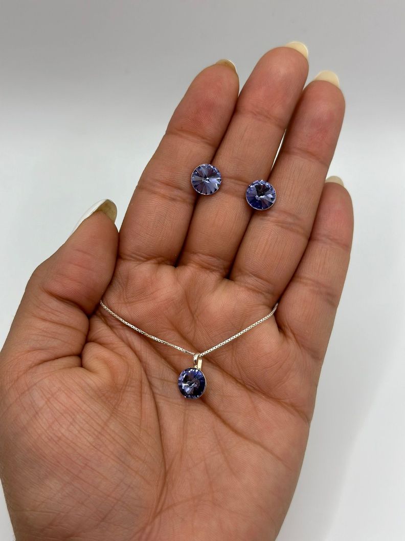 Conjunto Collar Aros Punto Luz Cristal Morado Plata-1