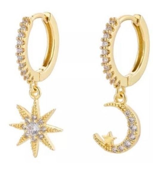 Aros Argollas Estrella Luna Circones Plata S925 Con Baño Oro-0