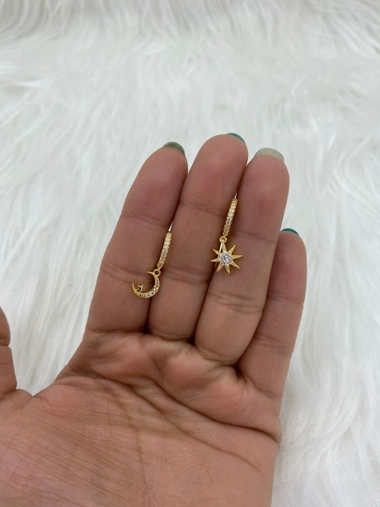 Aros Argollas Estrella Luna Circones Plata S925 Con Baño Oro-2