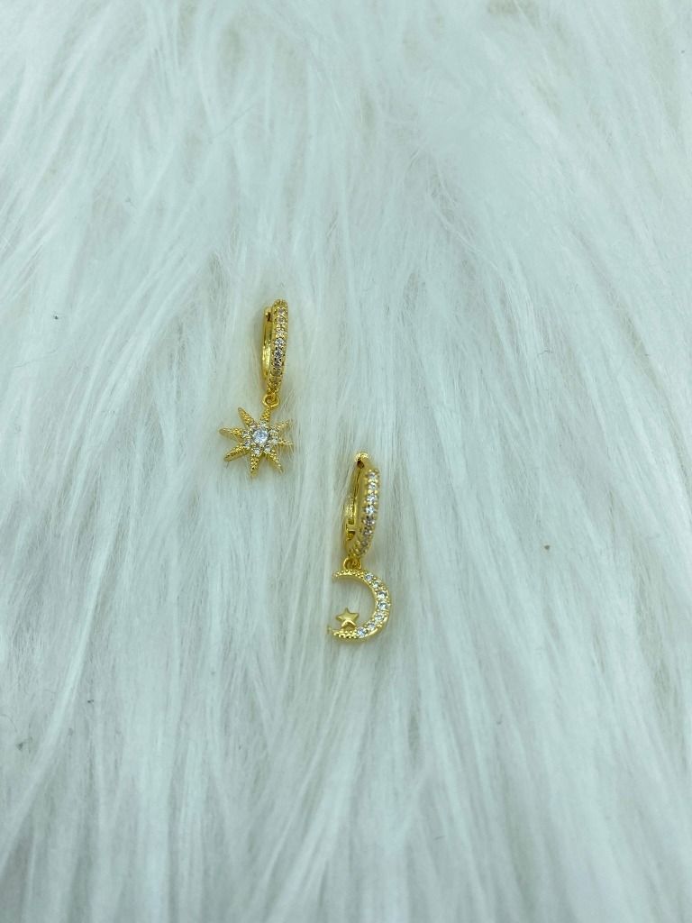 Aros Argollas Estrella Luna Circones Plata S925 Con Baño Oro-1