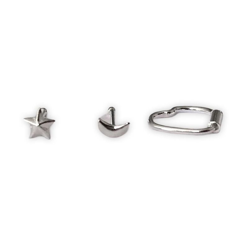 Pack 3 Piercing Nariz Estrella Luna Corazon Plata Mas Caja-0