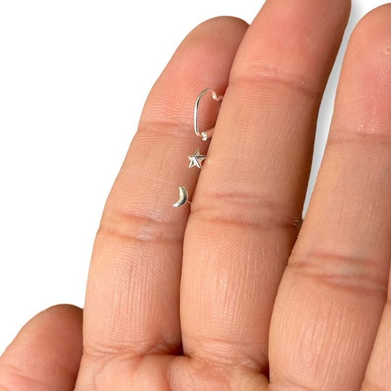 Pack 3 Piercing Nariz Estrella Luna Corazon Plata Mas Caja-2