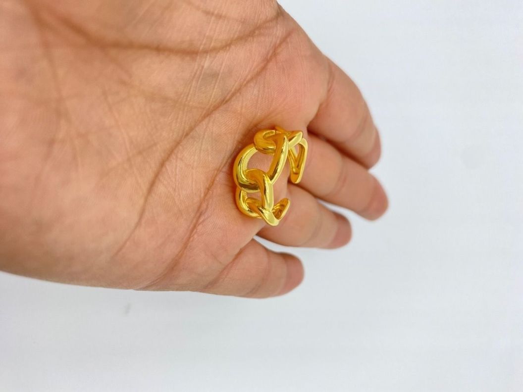 Anillo Cadena Cruzado Ajustable Plata Baño Oro-2