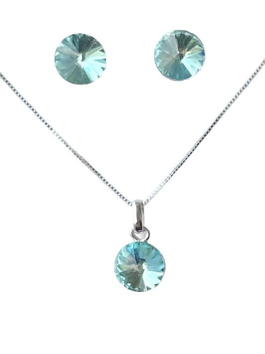 Conjunto Cristal Celeste Collar Dije Aros Plata-0