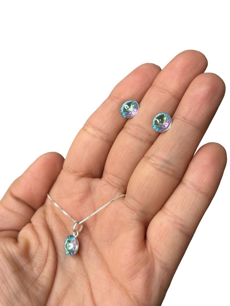 Conjunto Cristal Celeste Collar Dije Aros Plata-2