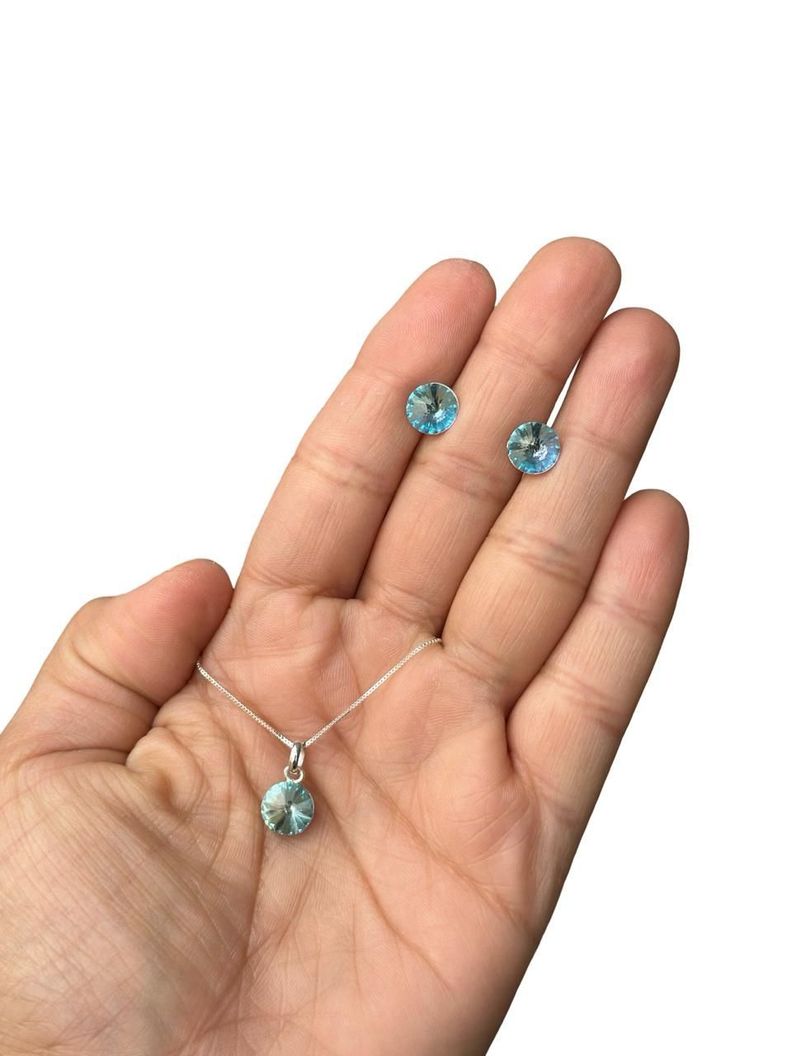 Conjunto Cristal Celeste Collar Dije Aros Plata-3