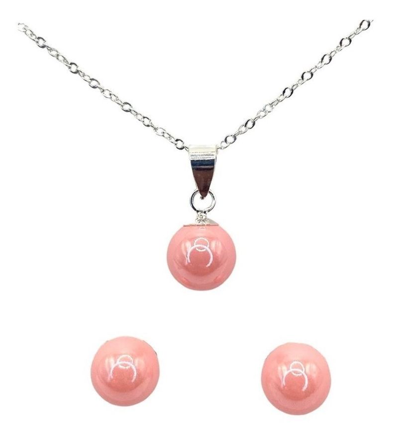 Conjunto Collar 45 Cm Aros Perla Rosada Plata 925-0