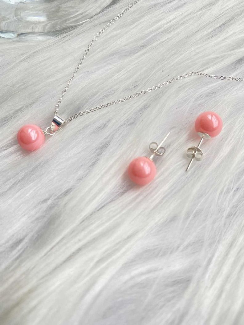 Conjunto Collar 45 Cm Aros Perla Rosada Plata 925-1