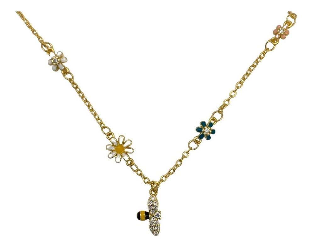 Pulsera Juvenil Abeja Flor Plata Baño Oro -0