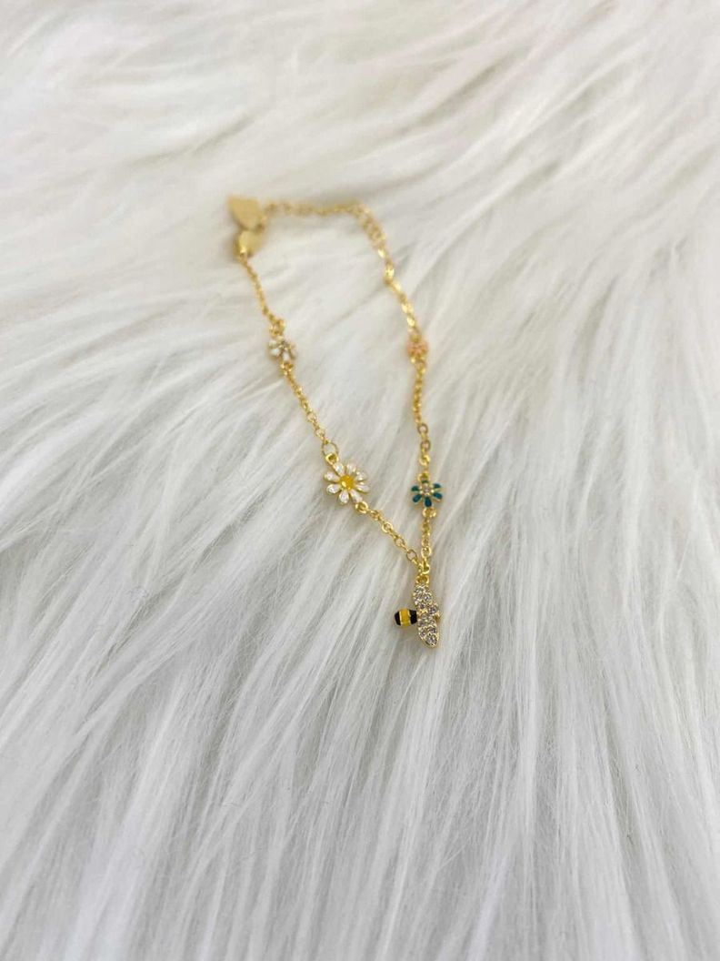 Pulsera Juvenil Abeja Flor Plata Baño Oro -1