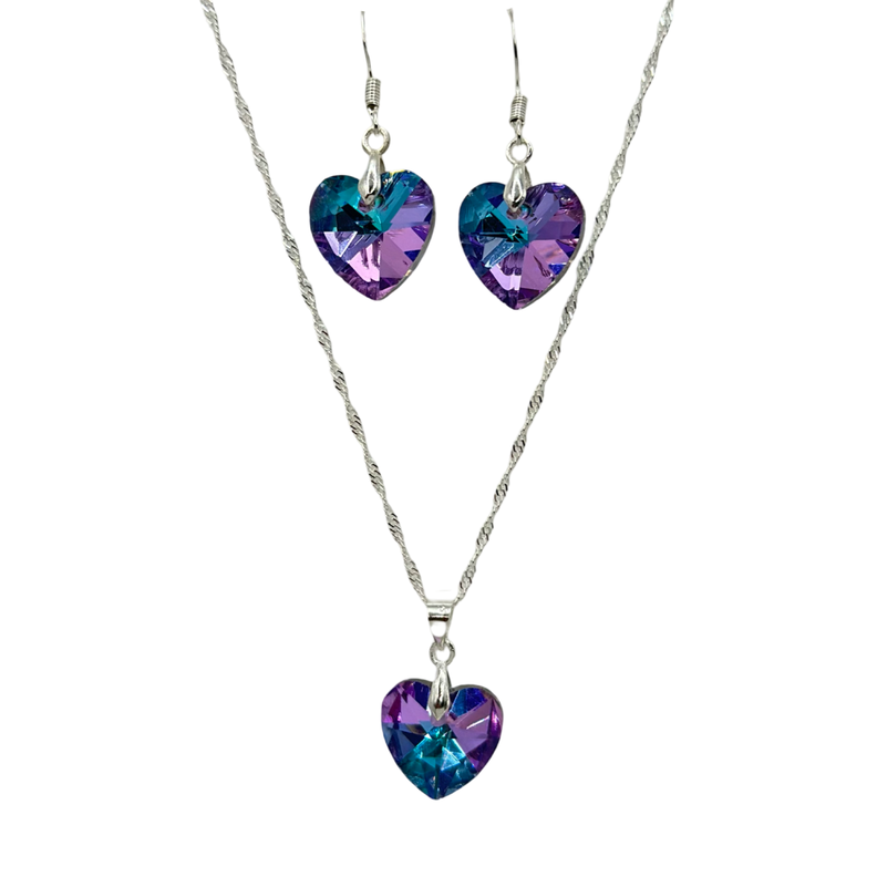 Conjunto Collar Aro Corazon Cristal Lila Plata-0
