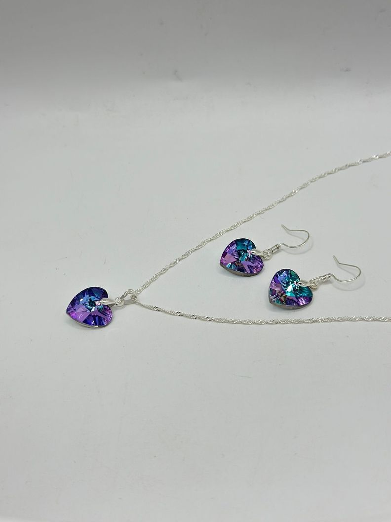 Conjunto Collar Aro Corazon Cristal Lila Plata-2