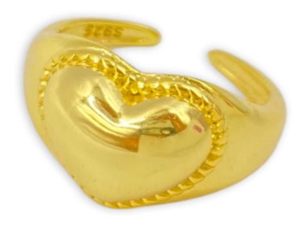 Anillo Corazón Sello Ajustable Plata Baño Oro-0