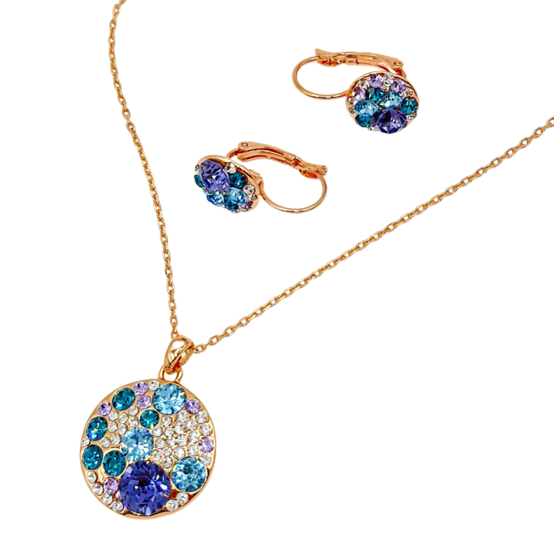 Conjunto Collar Aros Cristales Celestes Baño Oro Rosa-0