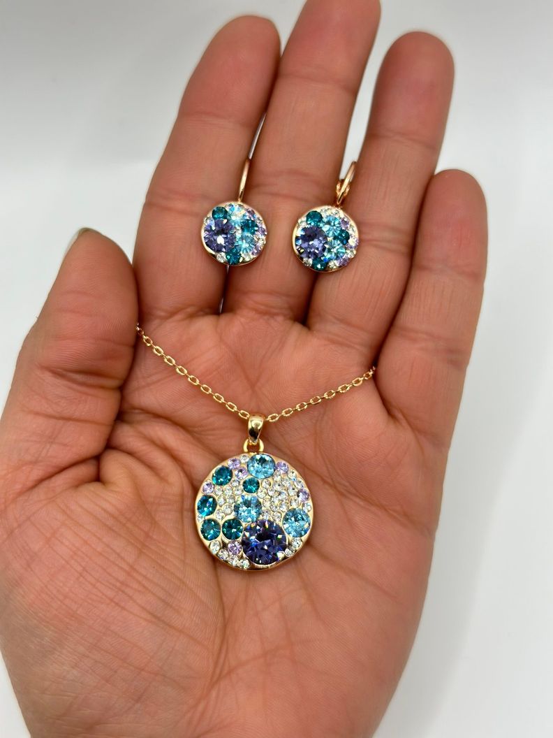 Conjunto Collar Aros Cristales Celestes Baño Oro Rosa-1