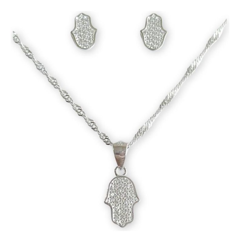 Conjunto Collar 45 Cm Mano De Fátima Circones Plata Ley 925-0