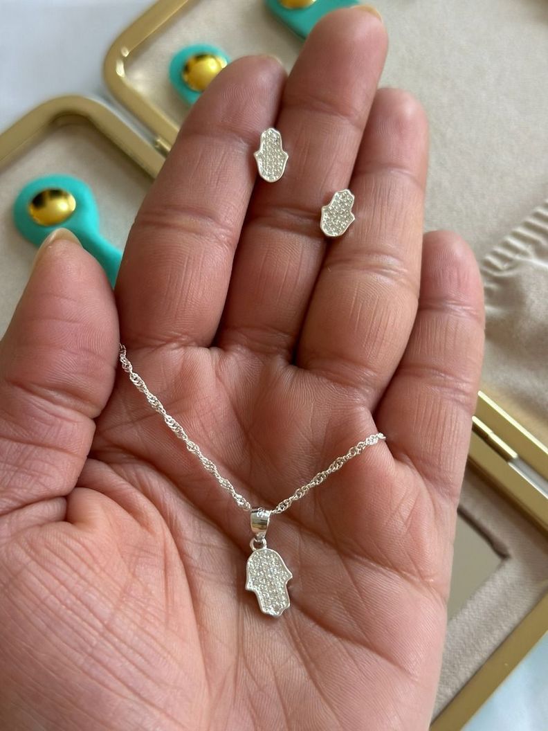 Conjunto Collar 45 Cm Mano De Fátima Circones Plata Ley 925-1