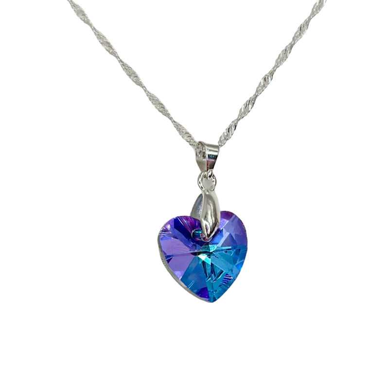 Collar Corazon Cristal Lila Violeta Tornasol Plata-0