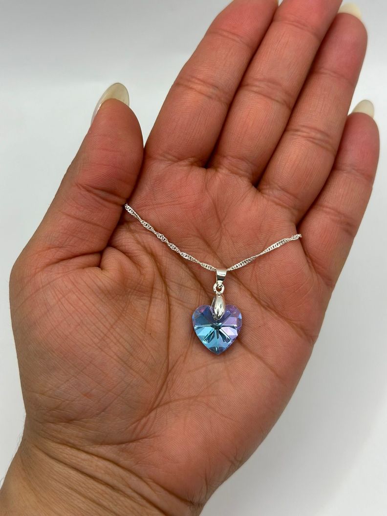 Collar Corazon Cristal Lila Violeta Tornasol Plata-1