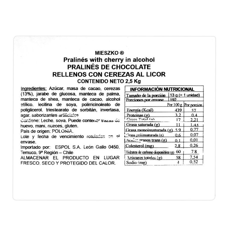 Cerezas al Licor Mieszko Bombones Chocolate Rellenos 2,5kg-4