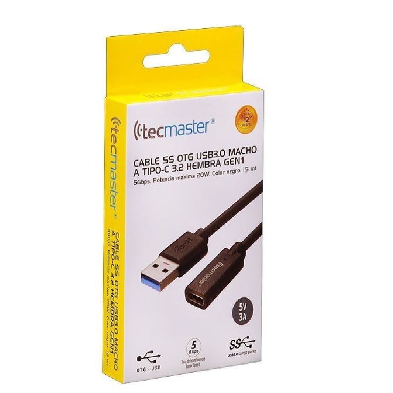 Cable Otg Usb 1.5 Metros Usb Macho a Tipo C Tecmaster Negro-3