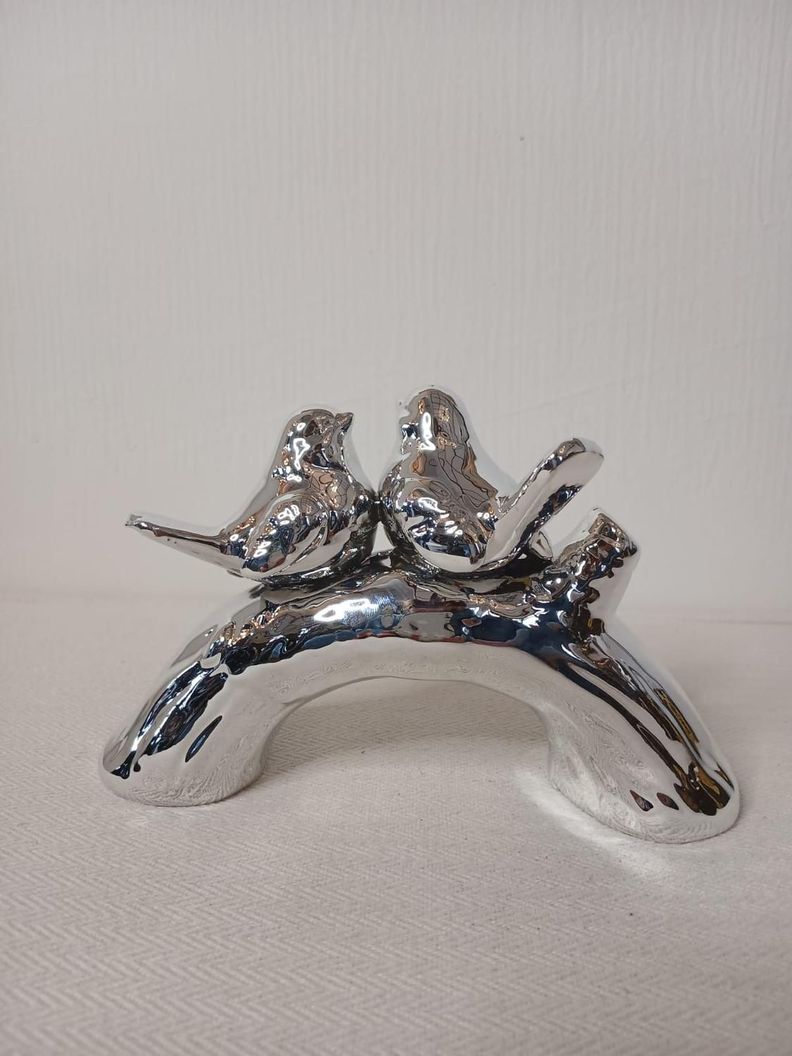 Adorno para mesa pareja de pajaritos plateado-2